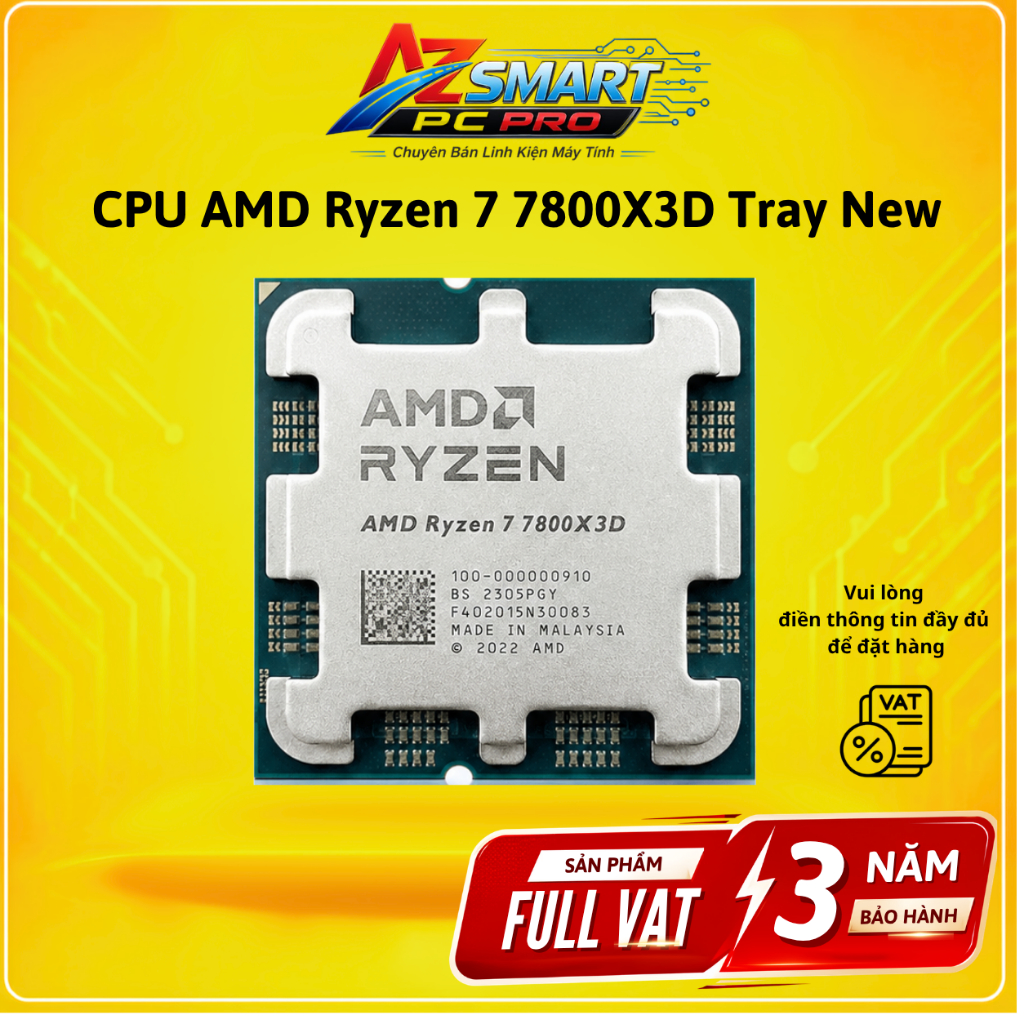 CPU AMD Ryzen 7 7800X3D Tray 8 Nhân 16 Luồng New BH 36 Tháng Full VAT, Gaming Đỉnh Cao Azsmart PC Pr