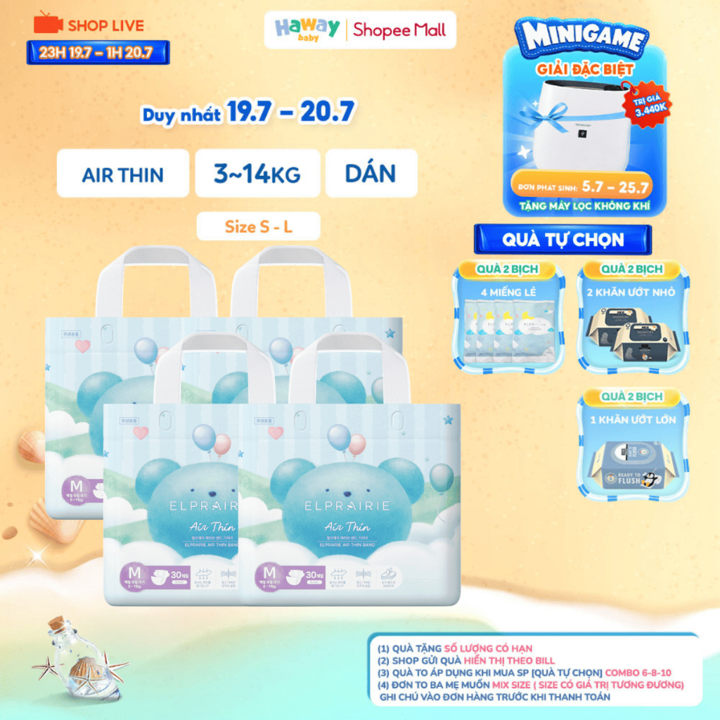 [QUÀ TỰ CHỌN] [2 BỊCH] Tã Bỉm Dán ELPRAIRIE Air Thin S34/M30/L26 Siêu Mỏng Nhẹ, Siêu Thấm Hút, Mềm M
