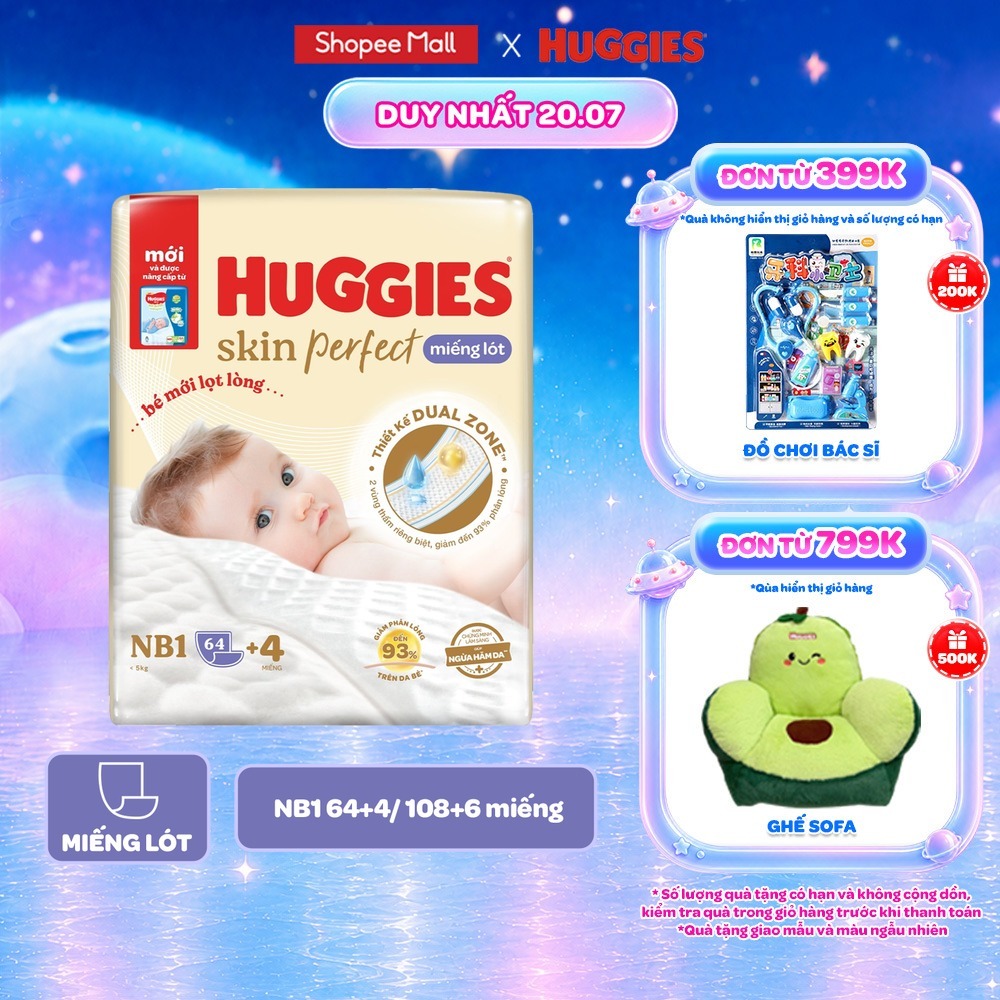 Combo 3 Miếng lót sơ sinh Huggies Skin Perfect NB1 64+4/NB1 108+6 miếng với 2 vùng thấm giảm kích ứn