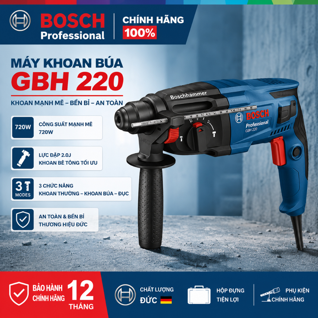 Máy khoan búa Bosch GBH 220 - Công suất mạnh mẽ, đa năng cho mọi công trình xây dựng