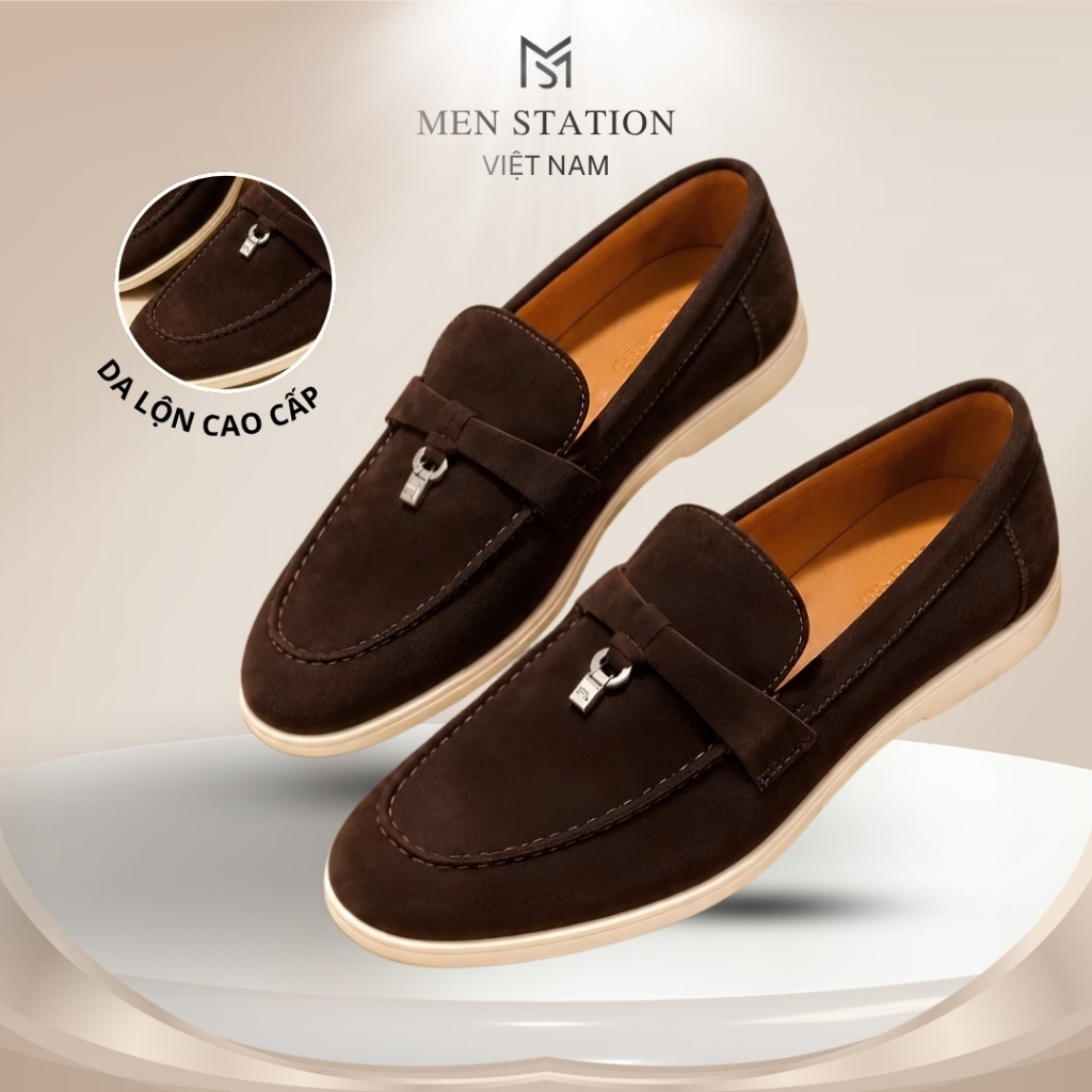 [Size 38-44] Giày Lười Loafer Nam Da Lộn Đế Cao Su Chống Trơn Trượt Phối Quai Ngang Công Sở-V10