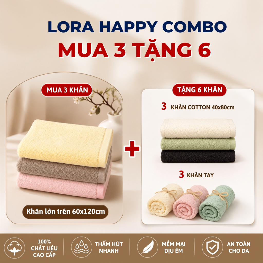 (COMBO MUA 3 TẶNG 6) KHĂN TẮM LORA TOWEL | Cotton Cao Cấp – Nhiều Size60x120, 70x140, 90x160 | Thấm 