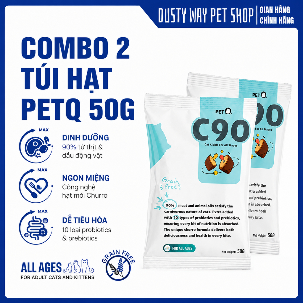 HẠT CHO MÈO C90 PETQ HẠT CHURRO 90% THỊT VÀ DẦU ĐỘNG VẬT