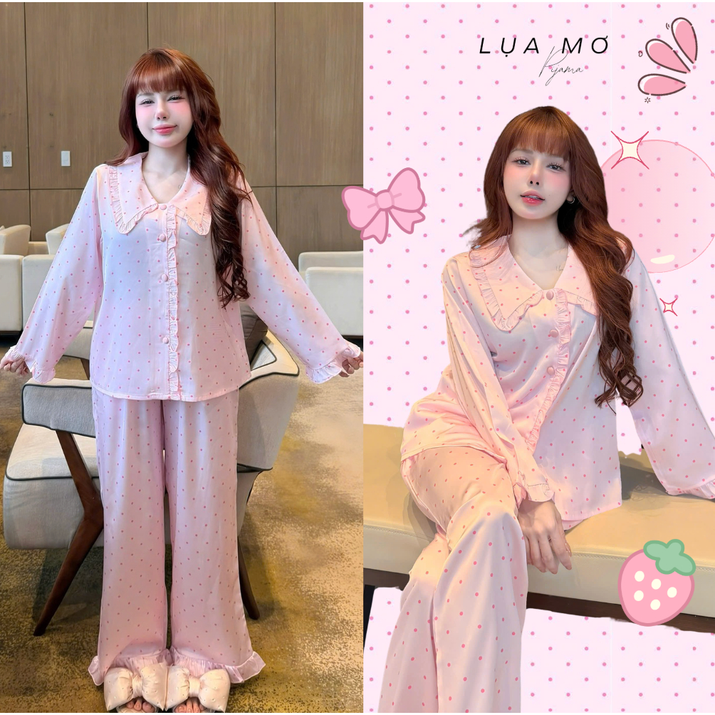 Pijama Tay Dài Tiểu Thư Phối Bèo Vải Lụa Latin Cao Cấp - Đồ bộ Lụa Mơ LM225