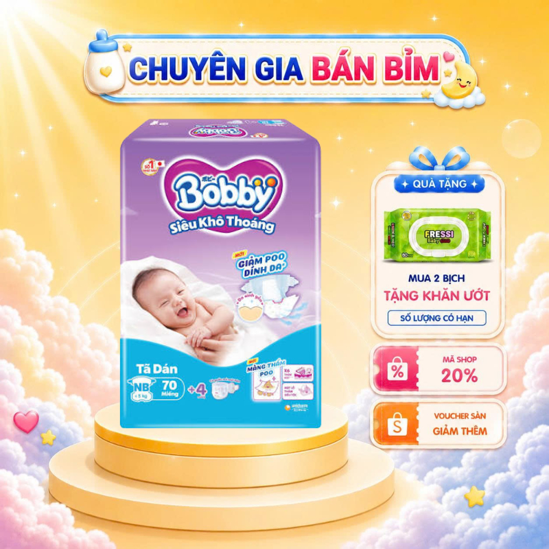[TẶNG MIẾNG NGẪU NHIÊN] Tã dán sơ sinh Bobby XS70+4( NB70+4)