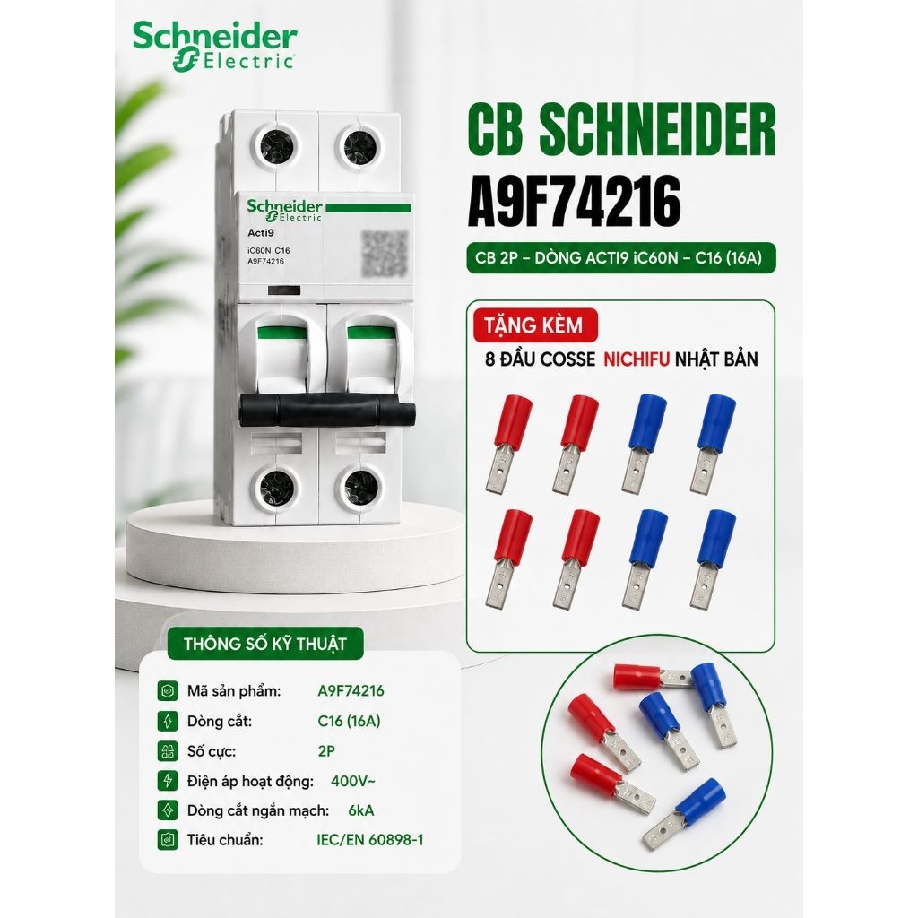 Cầu dao tự động bảo vệ quá tải & ngắn mạch MCB Schneider Electric A9F74216 – MCB Acti9 iC60N 2P C16A