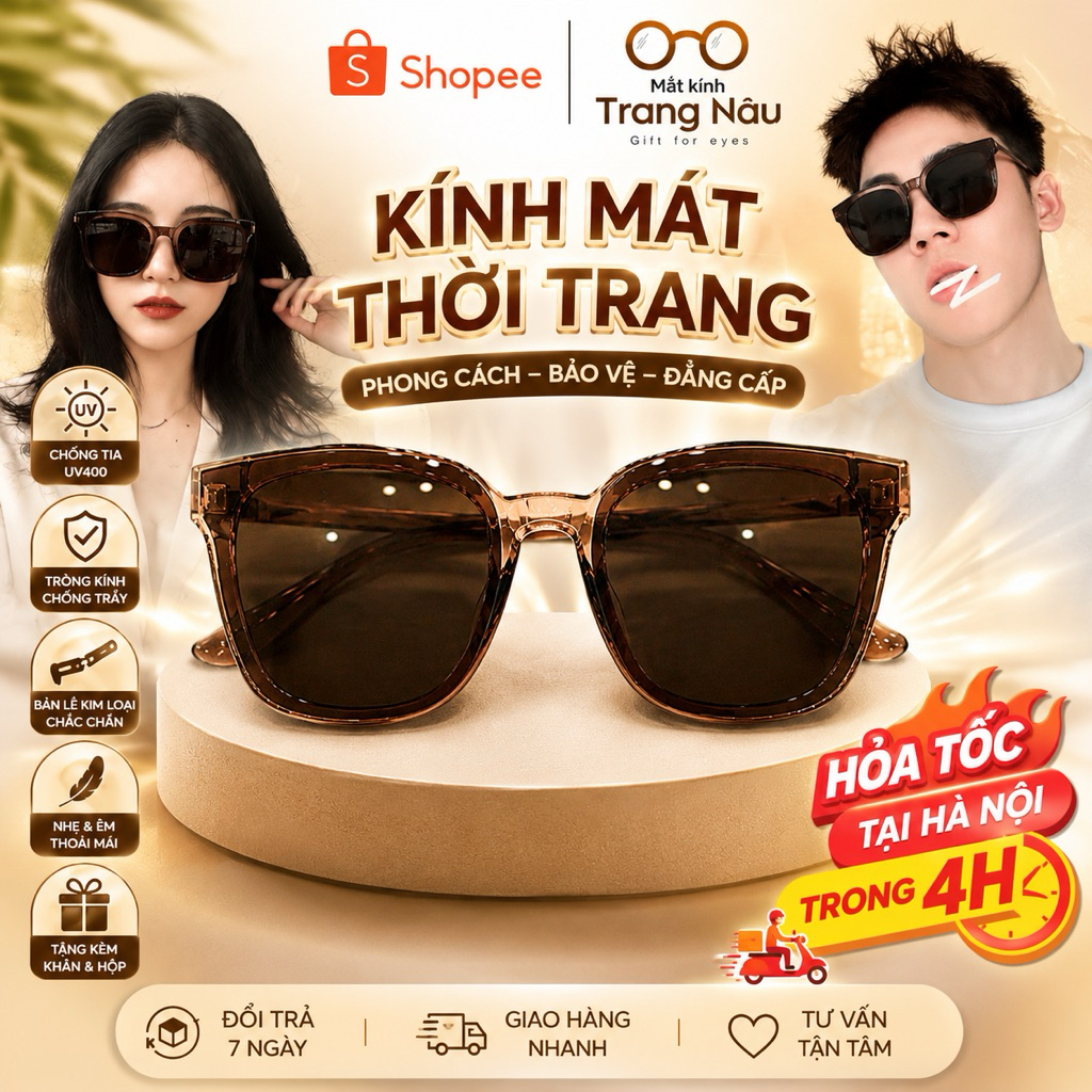 Kính mát nam nữ chống UV400 thiết kế mắt vuông dễ đeo màu sắc thời trang 602335 - Kính Mắt Trang Nâu