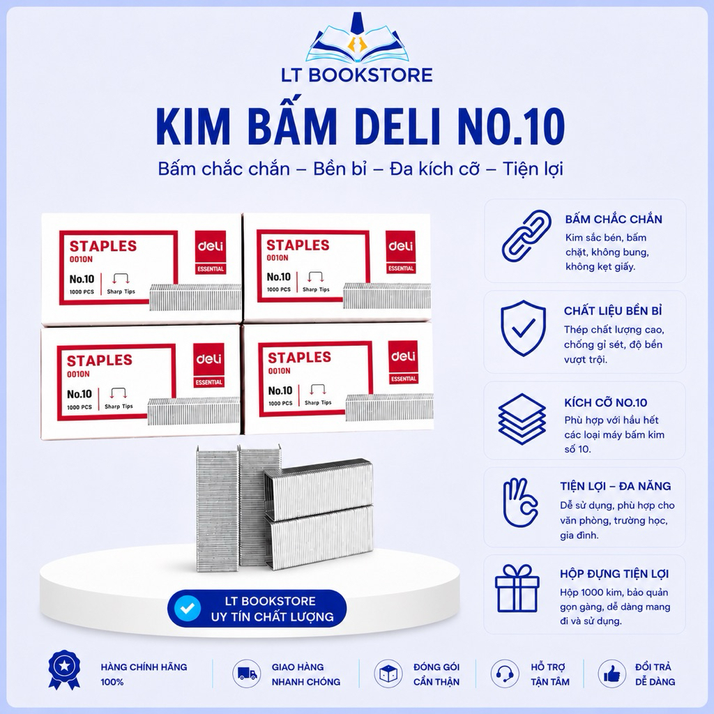Combo kim bấm Deli No.10 – Hộp 1000 Ghim | Ghim Sắt Sắc Nét, Bền Chắc, Không Kẹt