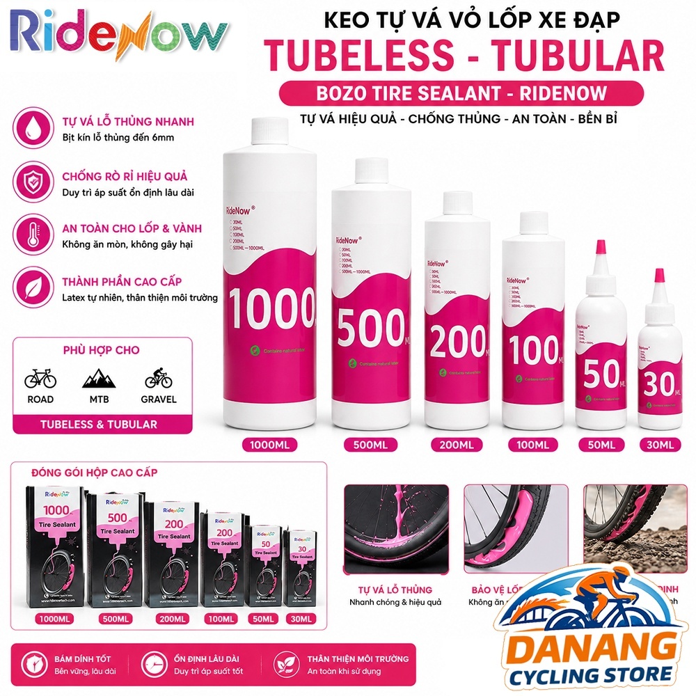 Keo Tự Vá Lốp Xe Đạp Tubeless/Tubular RIDENOW Bozo Tire Sealant 30ml / 50ml / 100ml – Chính Hãng