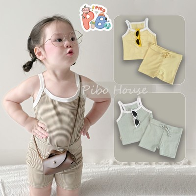 Set Bộ Áo Hai Dây Bé Gái Phối Quần Đùi Biker Ngắn Chất Vải Zip Kẻ Sành Điệu Cho Bé-SIMEEFA-Pibo Store-BHDK02QDBK01