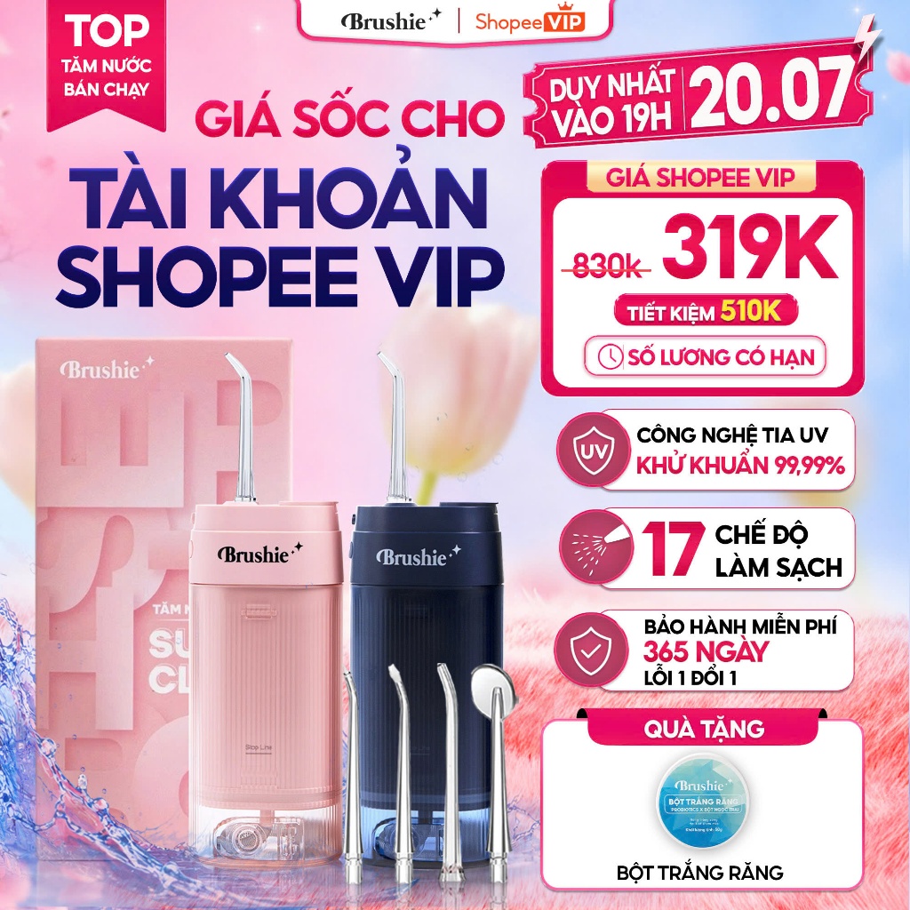 [GIÁ 607K TẠI LIVE SHOP] Tăm nước Brushie Super Clean Bản cải tiến làm sạch sâu phù hợp cho răng niề