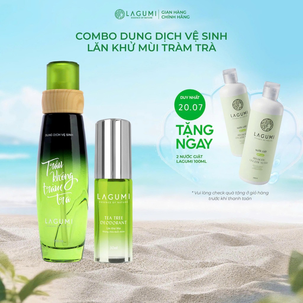 Bộ Dung Dịch Vệ Sinh Phụ Nữ Lagumi Trầu Không Tràm Trà và Lăn Khử Mùi Tràm Trà Không Gây Ố Vàng Lagu