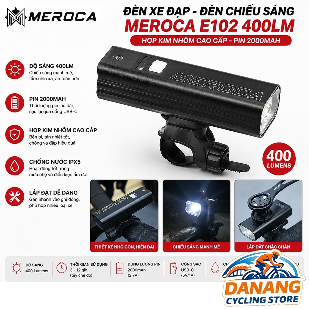Đèn Chiếu Sáng Xe Đạp MEROCA E102 400LM – Đèn LED Hợp Kim Nhôm, Sạc USB, Chống Nước, Gắn Ghi Đông