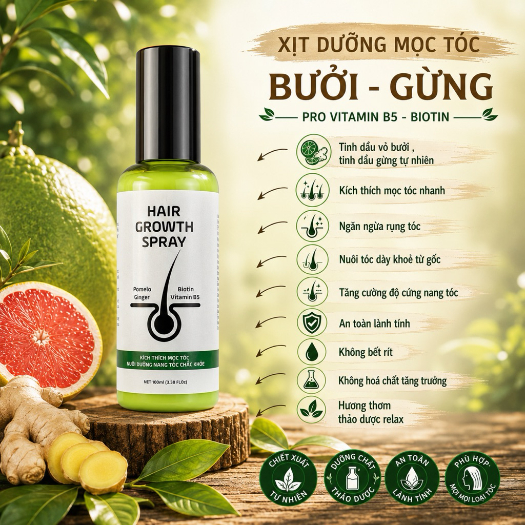 Xịt MỌC TÓC Bưởi, Gừng,Vitamin B5,& BIOTIN, hỗ trợ nhanh dài dày khoẻ chân tóc