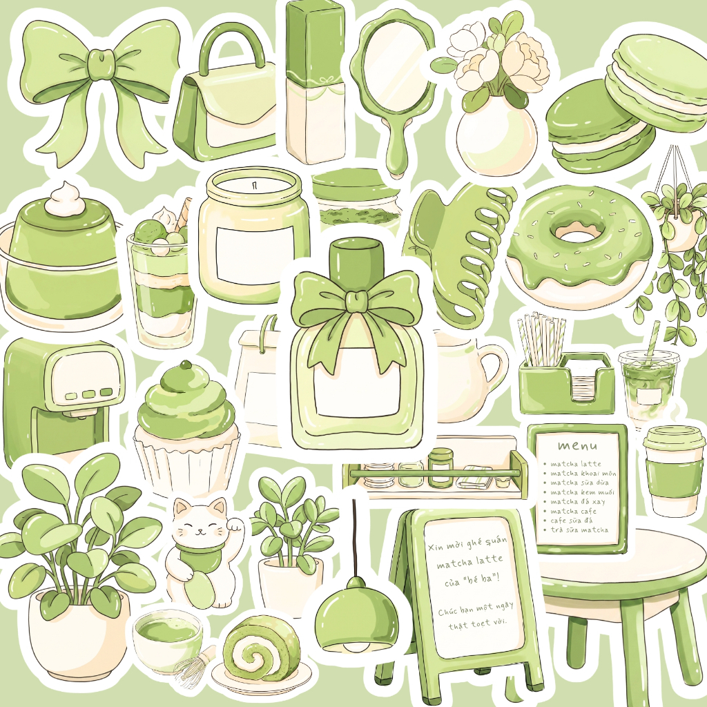 Bộ 30+ Sticker Matcha Latte Cute 3-4cm Cắt Sẵn - Hình Dán Trang Trí Laptop, Điện Thoại, iPad, Sổ Tay
