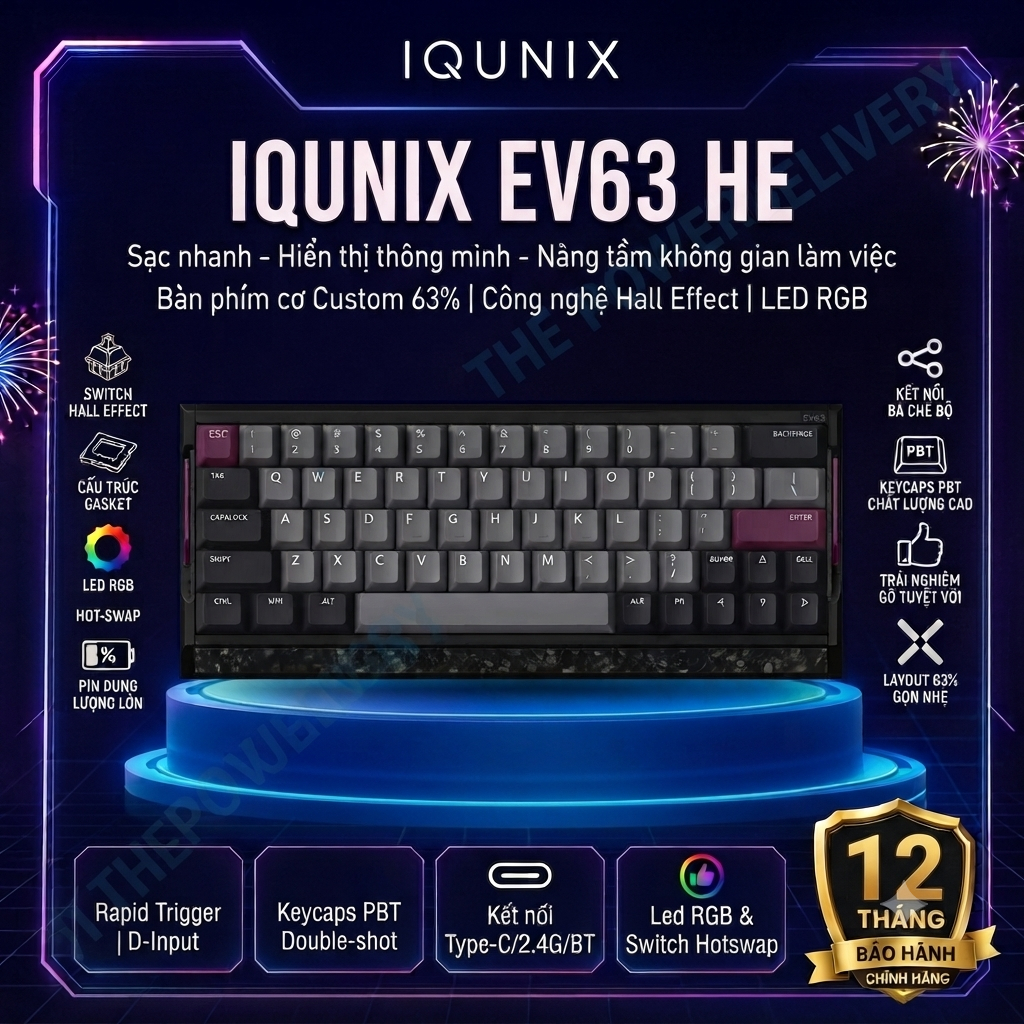 Bàn Phím Cơ IQUNIX EV63 HE Hall Effect 60% Gaming, Rapid Trigger 0.01mm, 8000Hz, USB-C, RGB, Hot Swa
