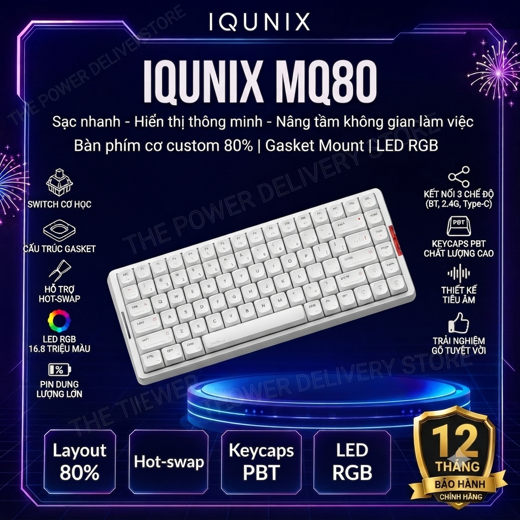 Bàn Phím Cơ IQUNIX MQ80 Low Profile 80% Wireless Bluetooth 5.1/2.4G/USB-C, Hot Swap, RGB, VIA, Nhôm 