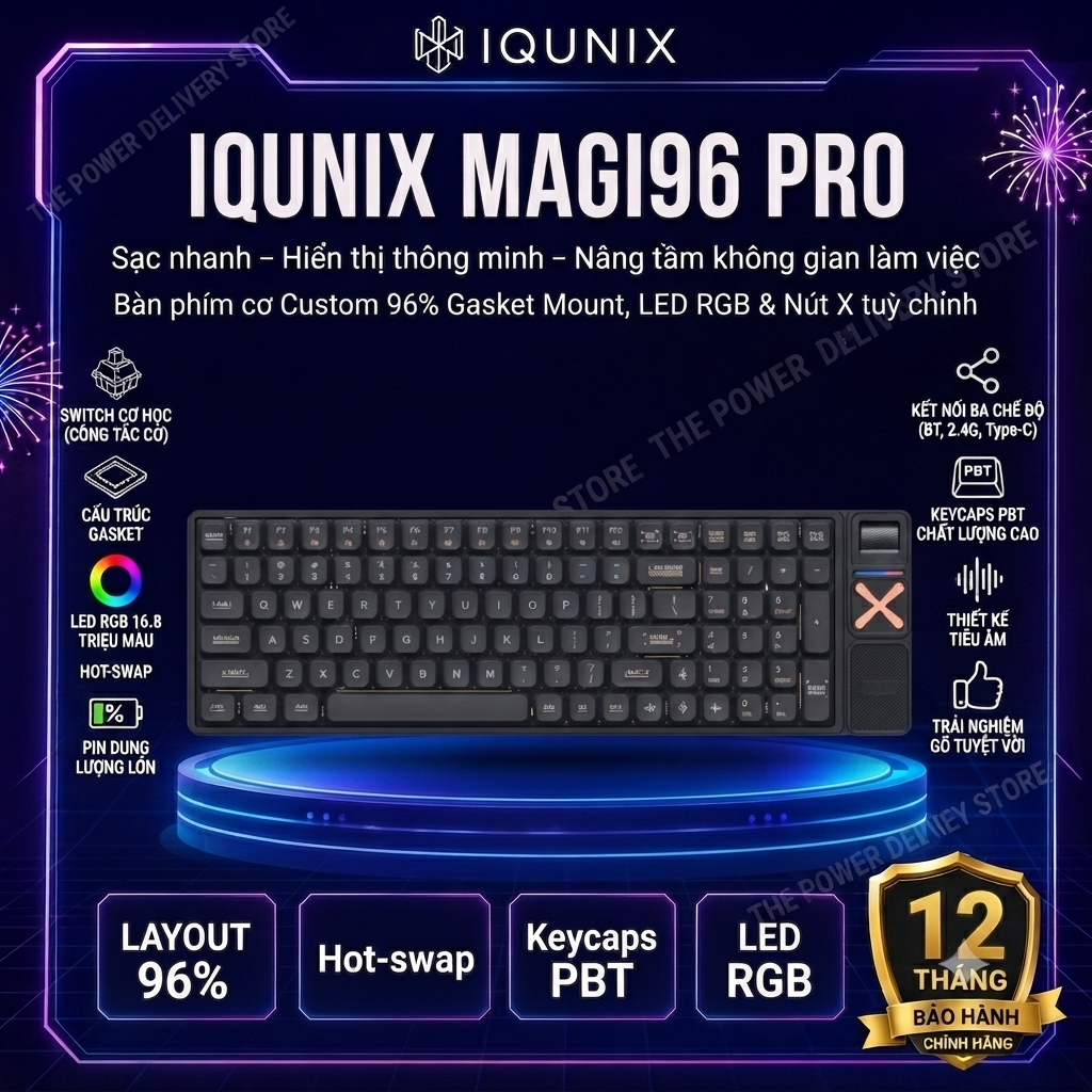 Bàn Phím Cơ IQUNIX Magi96 Pro Low Profile 96% Không Dây Bluetooth/2.4G/USB-C, Hot Swap, RGB, Pin Lâu