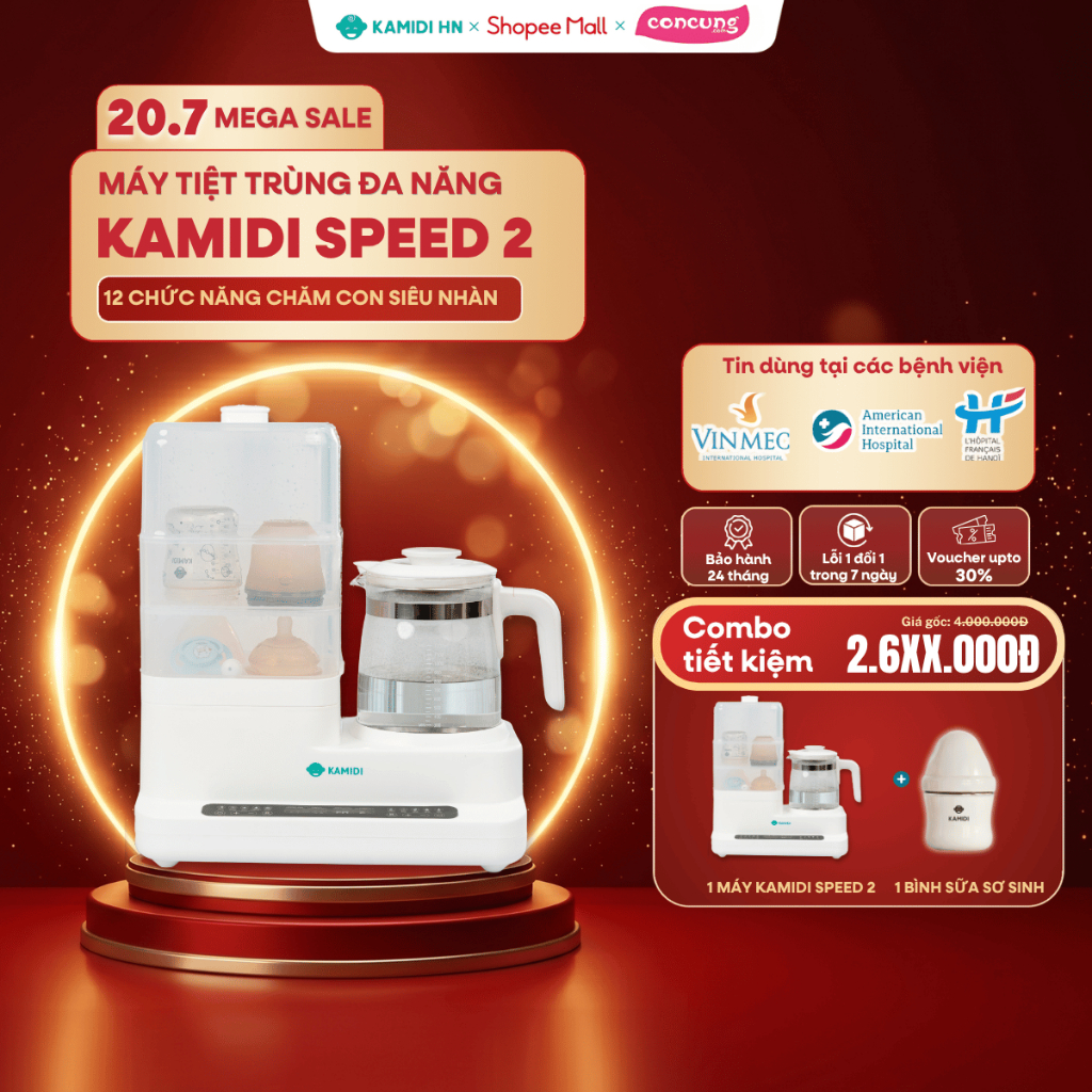 Máy Hâm Sữa Đun Nước Tiệt Trùng Sấy Khô Bình Sữa Đa Năng Tiện Lợi Kamidi Speed 2