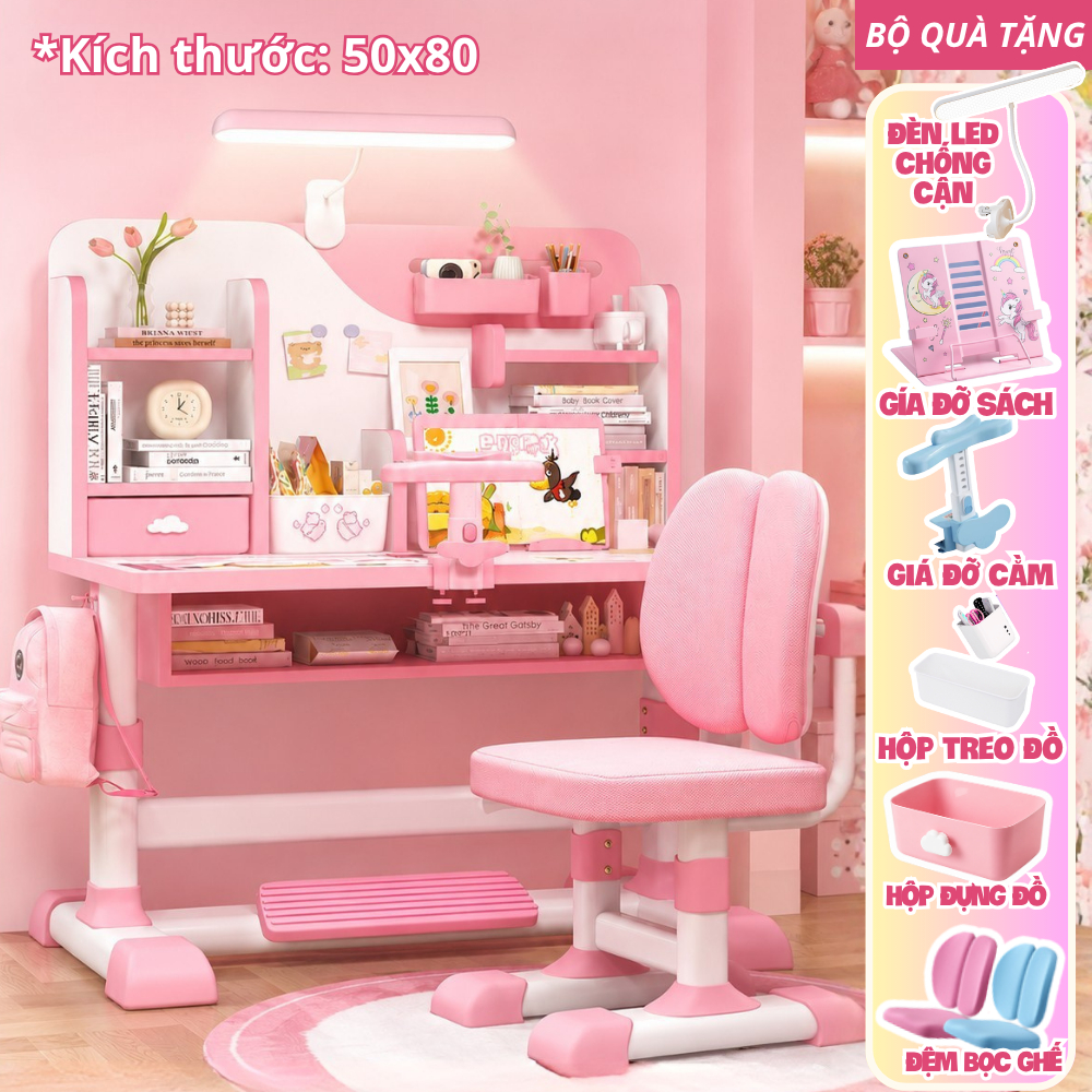 Bộ bàn học cho bé, bàn học chống gù size 80cm C04 Home Furniture, bàn học sinh cho trẻ em nhiều quà