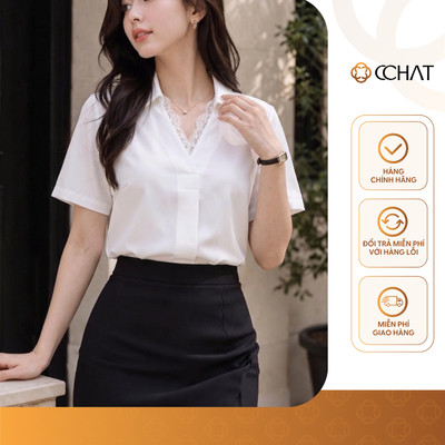 Áo Sơ Mi Nữ 𝐂𝐂𝐇𝐀𝐓 Dáng Suông Cổ Kẹp Ren Hiện Đại Chất Liệu Thô Bamboo Cao Cấp 16FNT8155ST