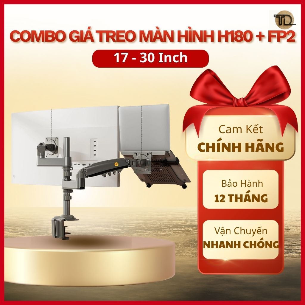 North Bayou Combo Giá Treo 2 Màn Hình H180 17-30 Inch Kèm Giá Đỡ Laptop FP2 Piston Khí VESA Kẹp Bàn