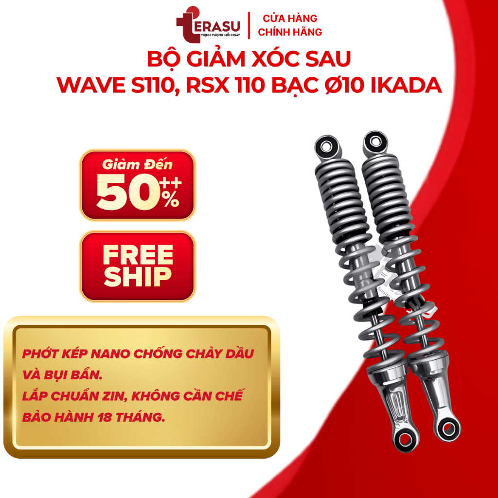 Phuộc Sau Wave S110 Ikada (Bạc), Giảm Xóc Sau Honda Wave S110 Thay Thế Zin (BH 18 Tháng)