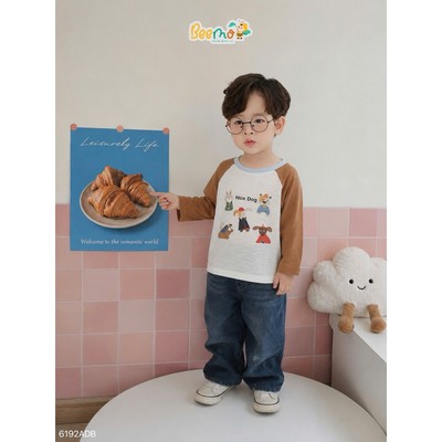 Áo thun raglan dài tay Beemo in hình chú chó vải cotton xược co giãn cho bé đi học, đi chơi từ 9-24kg 6192ADB