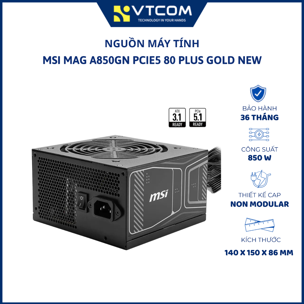 Nguồn máy tính MSI MAG A850GN PCIE5 850W (80 plus gold, chuẩn ATX, dây cáp dẹt) - Hàng chính hãng