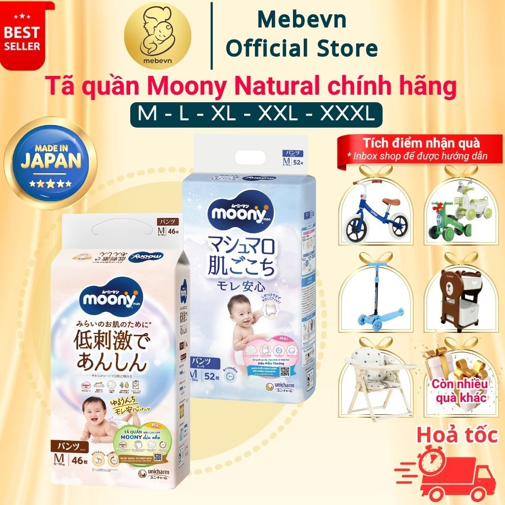 Tã quần Moony trắng, bỉm Moony Natural chính hãng, tã quần moony đủ size M46/L36/XL32