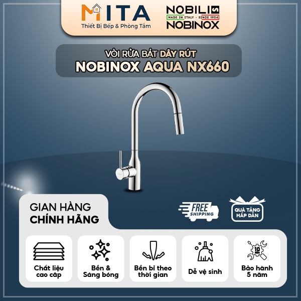Nobinox Vòi rửa bát Aqua NX660 dây rút nóng lạnh đổi chế độ thông minh