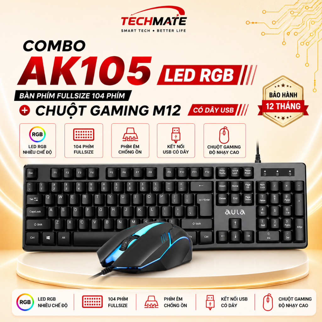 COMBO BÀN PHÍM AK105 LED RGB + CHUỘT GAMING M12 CÓ DÂY USB