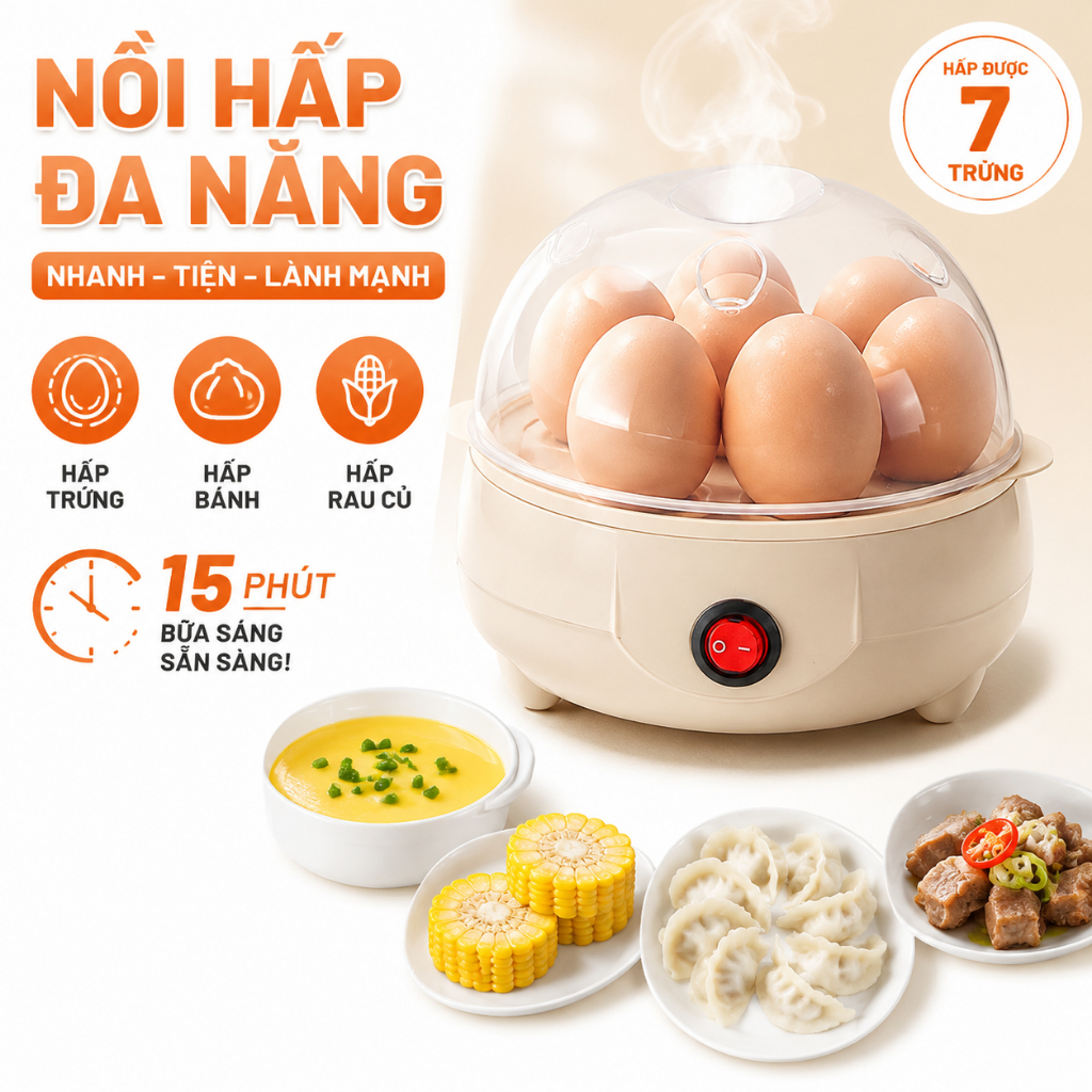 Máy luộc trứng mini 7 trứng đa năng tự ngắt khi cạn nước hấp trứng hấp bánh bao hấp bắp công tắc 1 nút dùng cho gia đình