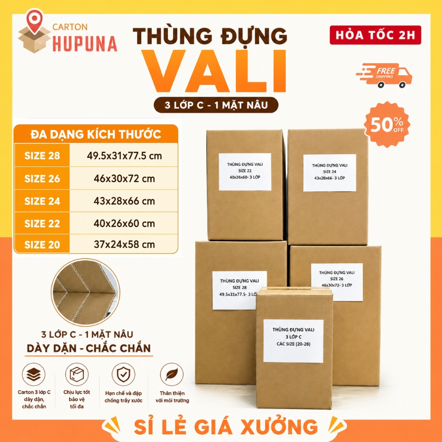 [HỎA TỐC] Thùng Đựng Vali 28, 26, 24, 22, 20 Sóng C Carton Gửi Máy Bay Nhà Xe Tiết Kiệm Chắc Chắn