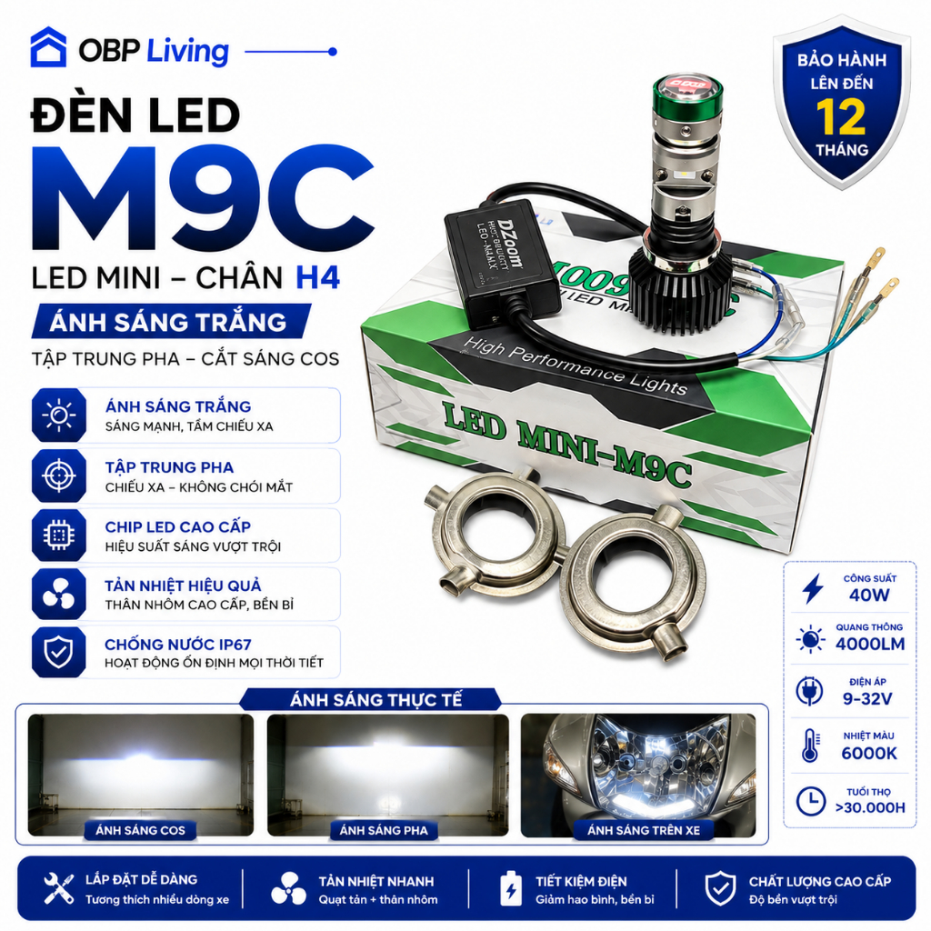 Đèn trợ sáng xe máy, oto M9C H4 - Bi Cầu LED Mini 40W, Ánh Sáng Trắng, Cos Chống Chói