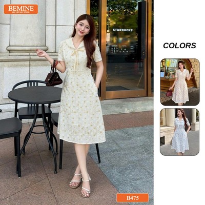 Đầm thiết kế BEMINE cổ thủy thủ dáng chữ A họa tiết nơ hoa phù hợp đi chơi-B475