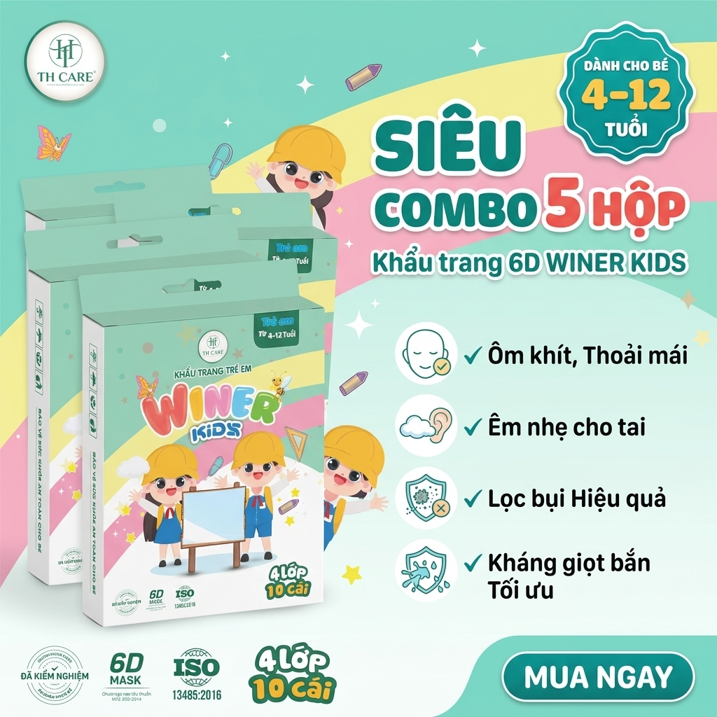 Combo 5 Hộp Khẩu trang 6D Winer Kids 4 lớp cho bé 6-12 tuổi