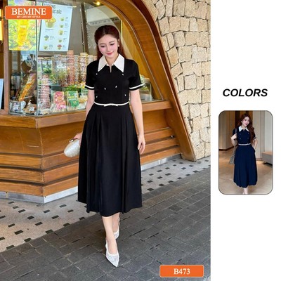 Đầm thiết kế BEMINE cổ sơ mi phối khóa kéo trước đính đá dáng chữ A phù hợp đi làm-B473