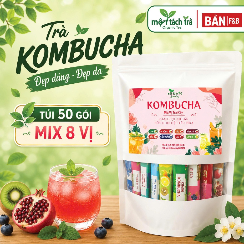 [TẶNG BÌNH] Túi 50 Gói Trà Kombucha Mix Vị Detox Lên Men Vi Sinh Hỗ Trợ Tiêu Hóa, Kiểm Soát Cân Nặng