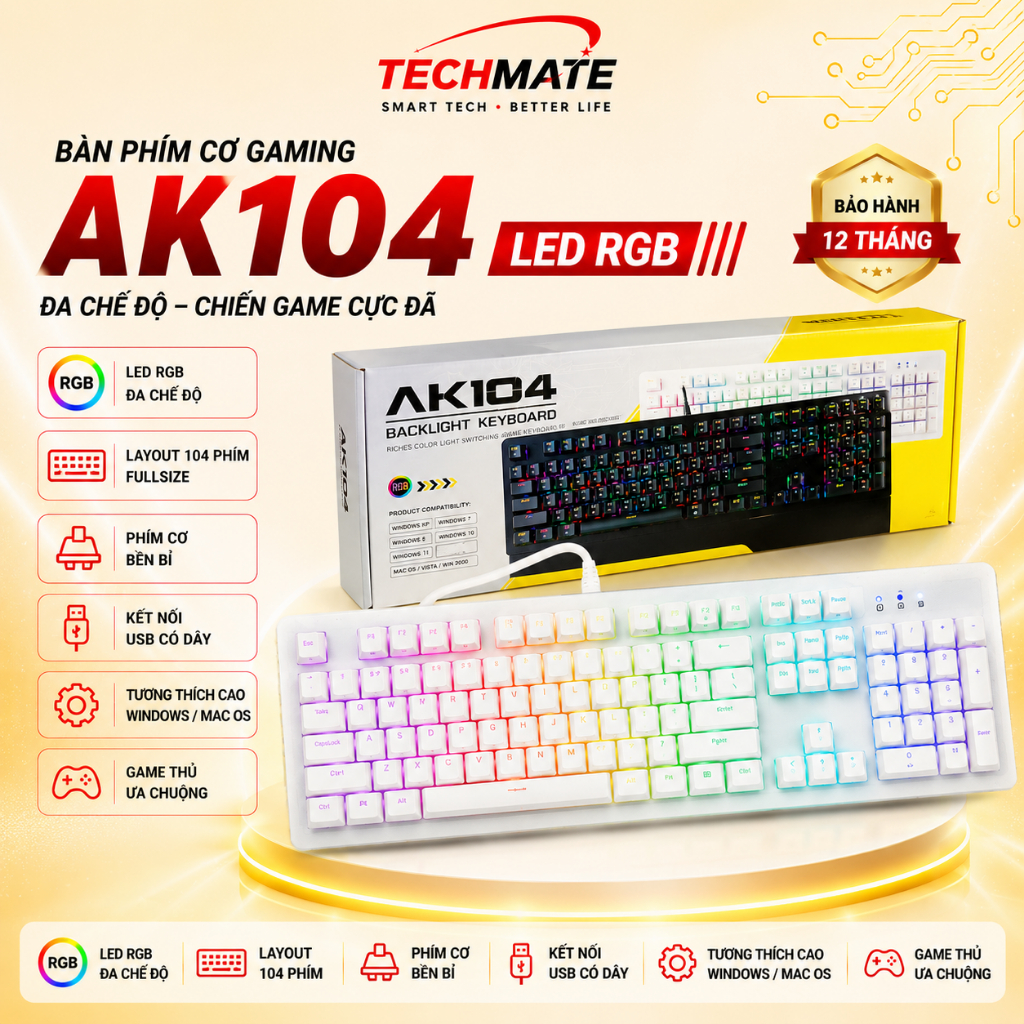 BÀN PHÍM CƠ GAMING AK104 | FULL SIZE 104 PHÍM | LED RGB | HOTSWAP | TẶNG KÊ TAY