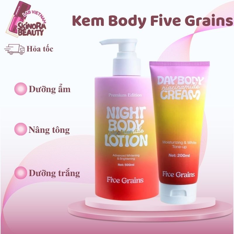 Combo Kem Dưỡng Ẩm Trắng Da Body Five Grains Ban Ngày Và Ban Đêm Kem Nâng Tone Body Five Grains 500m