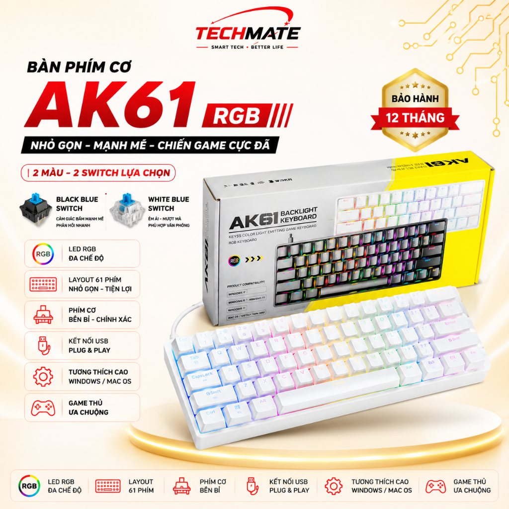 Bàn Phím Cơ Gaming AK61, Layout 61 phím, Led RGB 20+ chế độ, Blue Switch , BH 12 Tháng