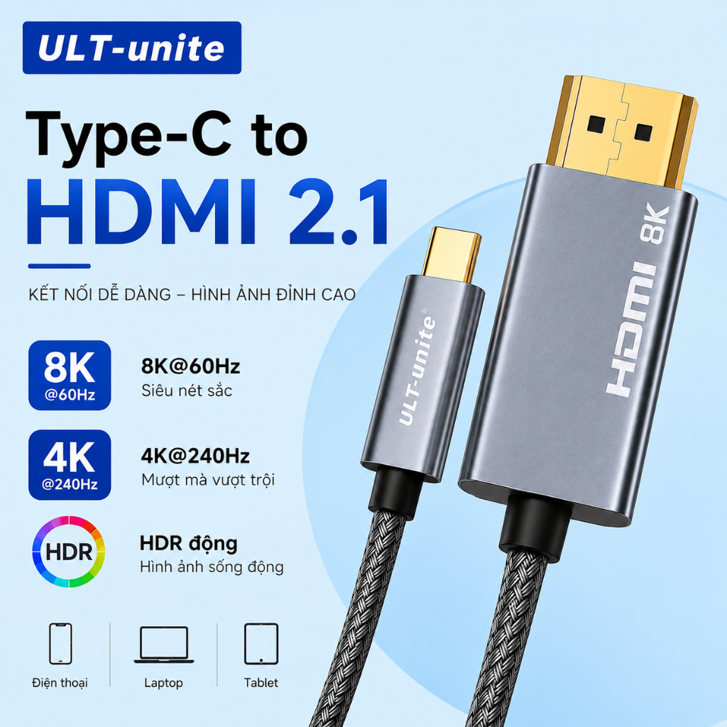 Cáp Type C to HDMI 2.1 ULT-unite 8K 60Hz 4K 240Hz, Cáp USB C Sang HDMI Cho Laptop Mac, IP, SamSung