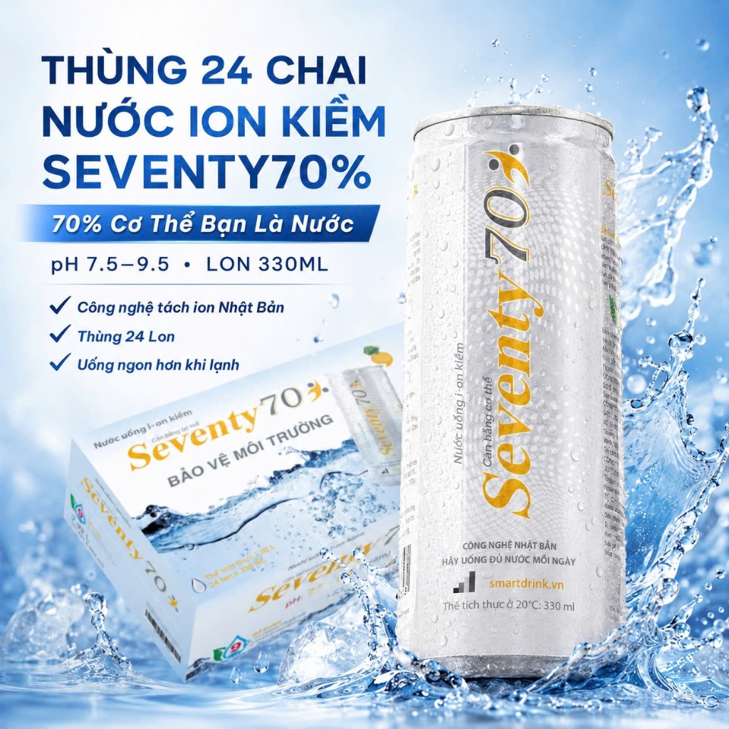 Thùng 24 Lon Nước Ion Kiềm Seventy70% Lon 330ml - Mr. Muối