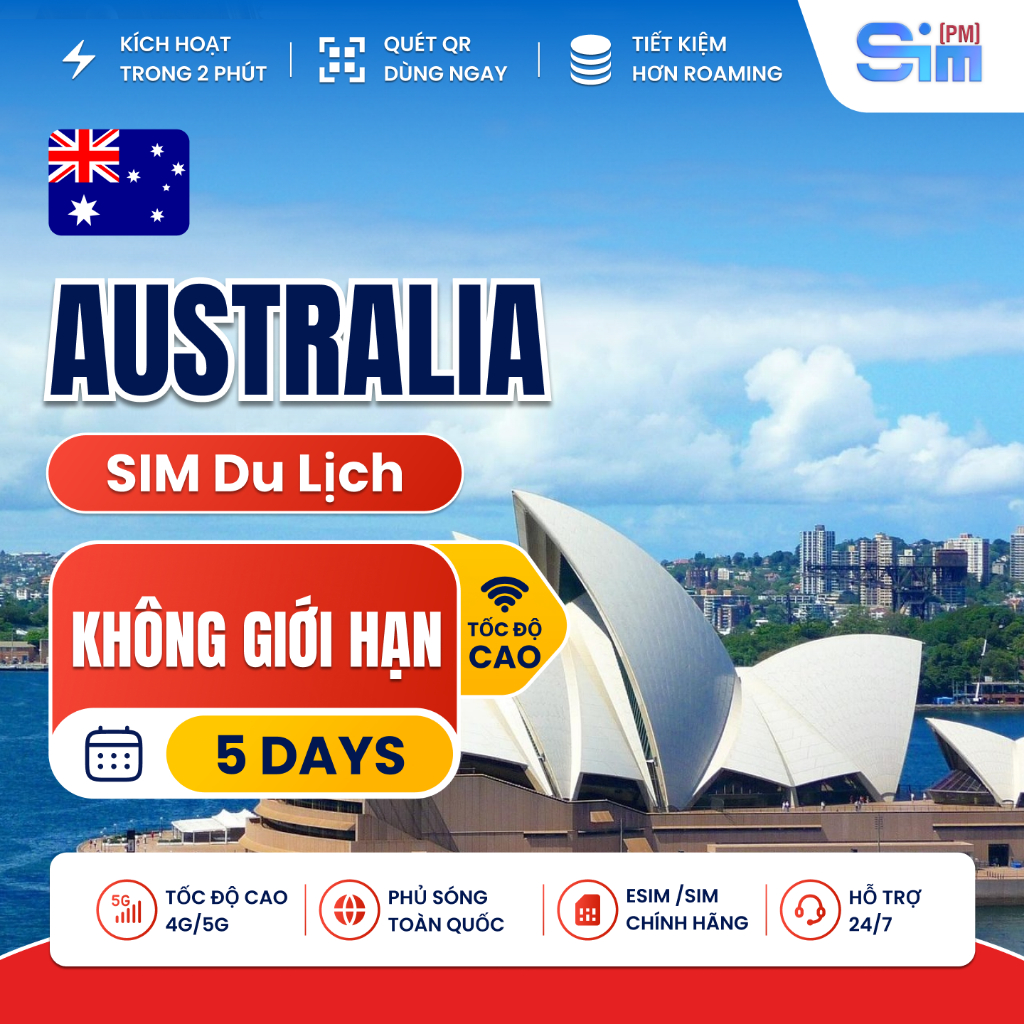 Sim du lịch Australia - Úc 5 ngày không giới hạn dung lượng