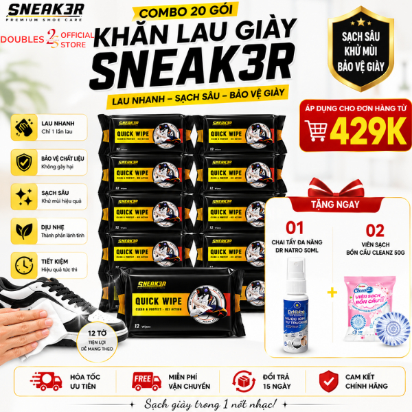 Combo 20 khăn lau sạch giày nhanh siêu tốc SNEAK3R QUICK WIPES 12 tờ - DOUBLES 2SSHOP