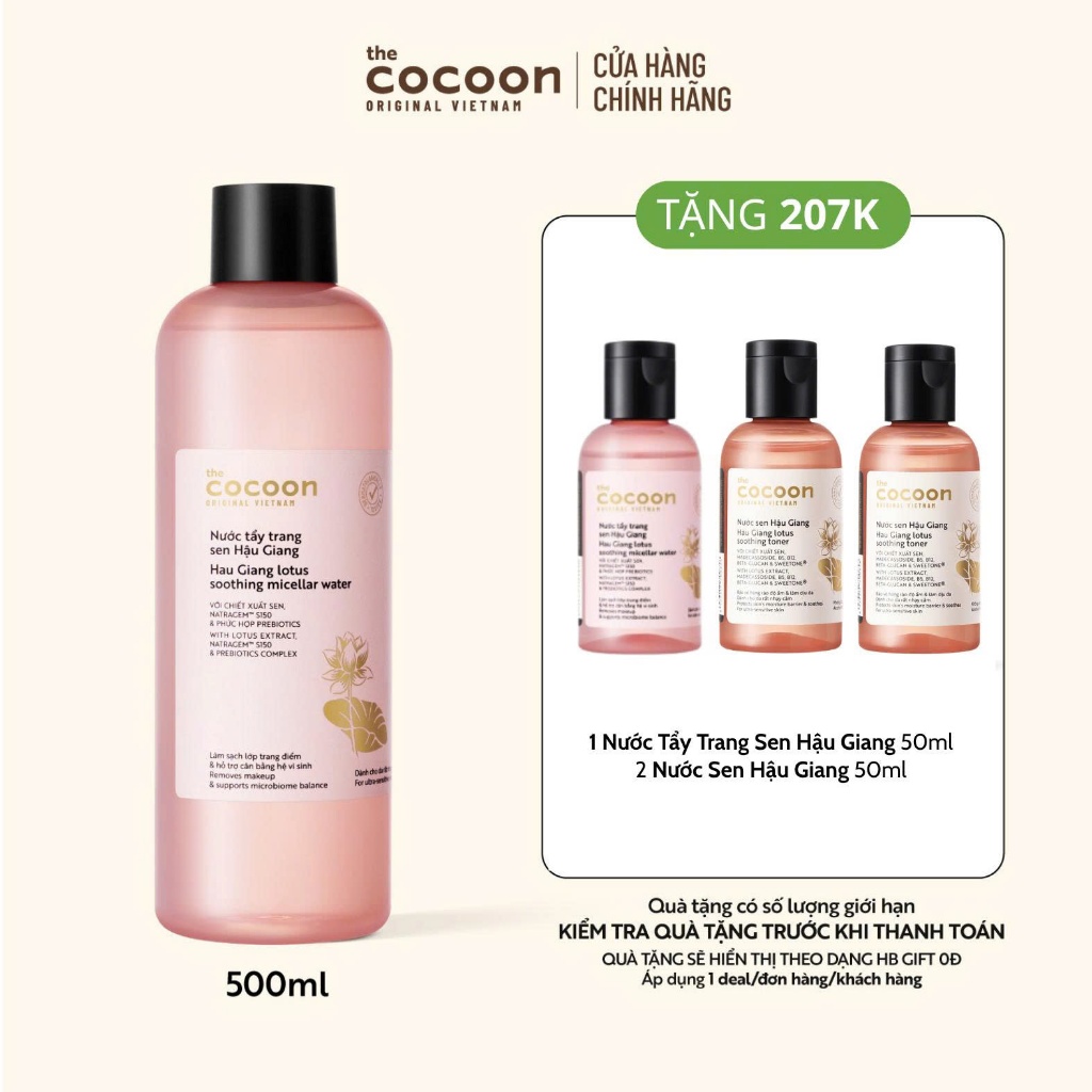 Bigsize - Nước Tẩy Trang Sen Hậu Giang Sạch Bụi Siêu Mịn PM1.0, Có Prebiotics Dịu Êm Cho Da Rất Nhạy Cảm Cocoon 500ml
