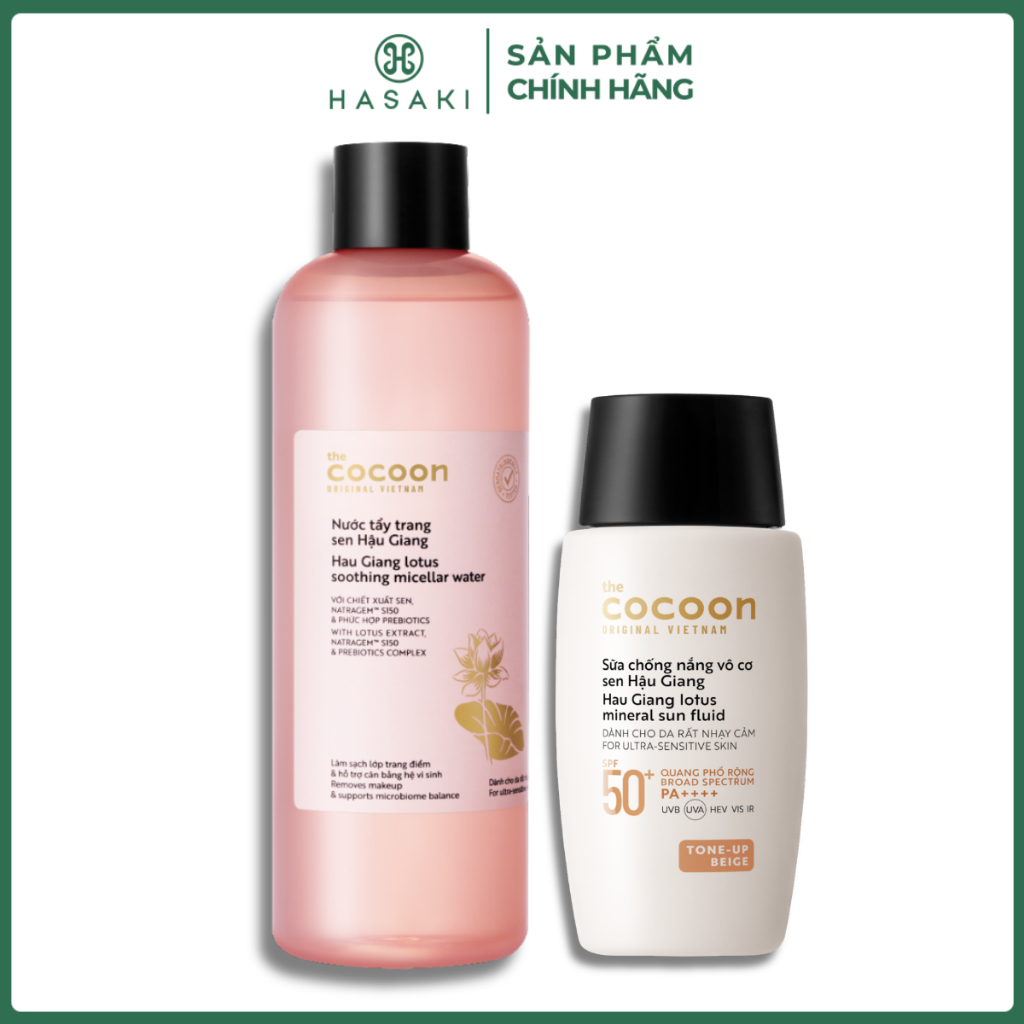 Combo Sữa Chống Nắng Cocoon Vô Cơ Sen Hậu Giang Nâng Tông 50ml + Nước Tẩy Trang Cocoon Sen Hậu Giang