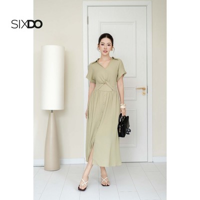 Đầm dáng xòe dài xoắn eo SIXDO (Light Green Nuggets Woven Flared Dress)