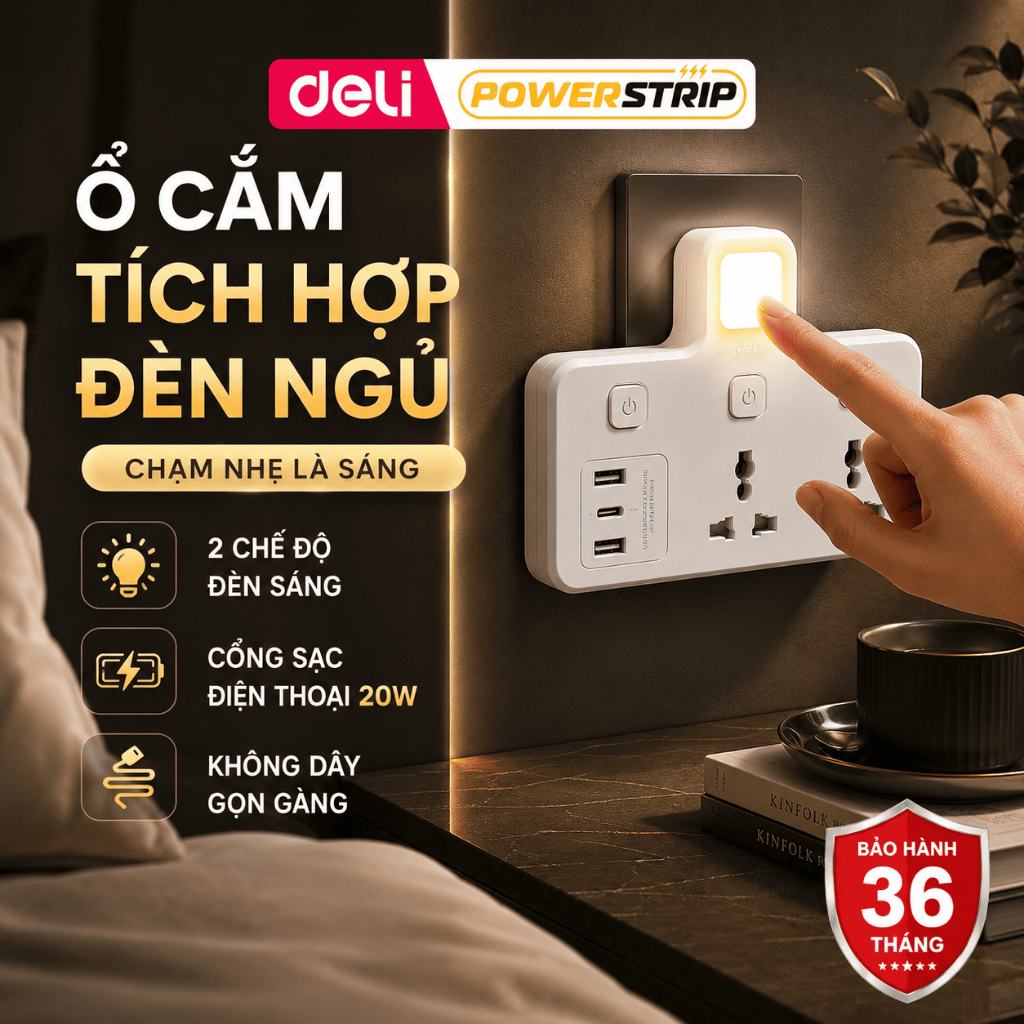 [TOP SALE] Ổ Cắm Chia Điện Deli, Ổ Cắm Chữ T 2500W Tích Hợp Cổng USB &TypeC Cải Tiến Sạc Nhanh Tiện 